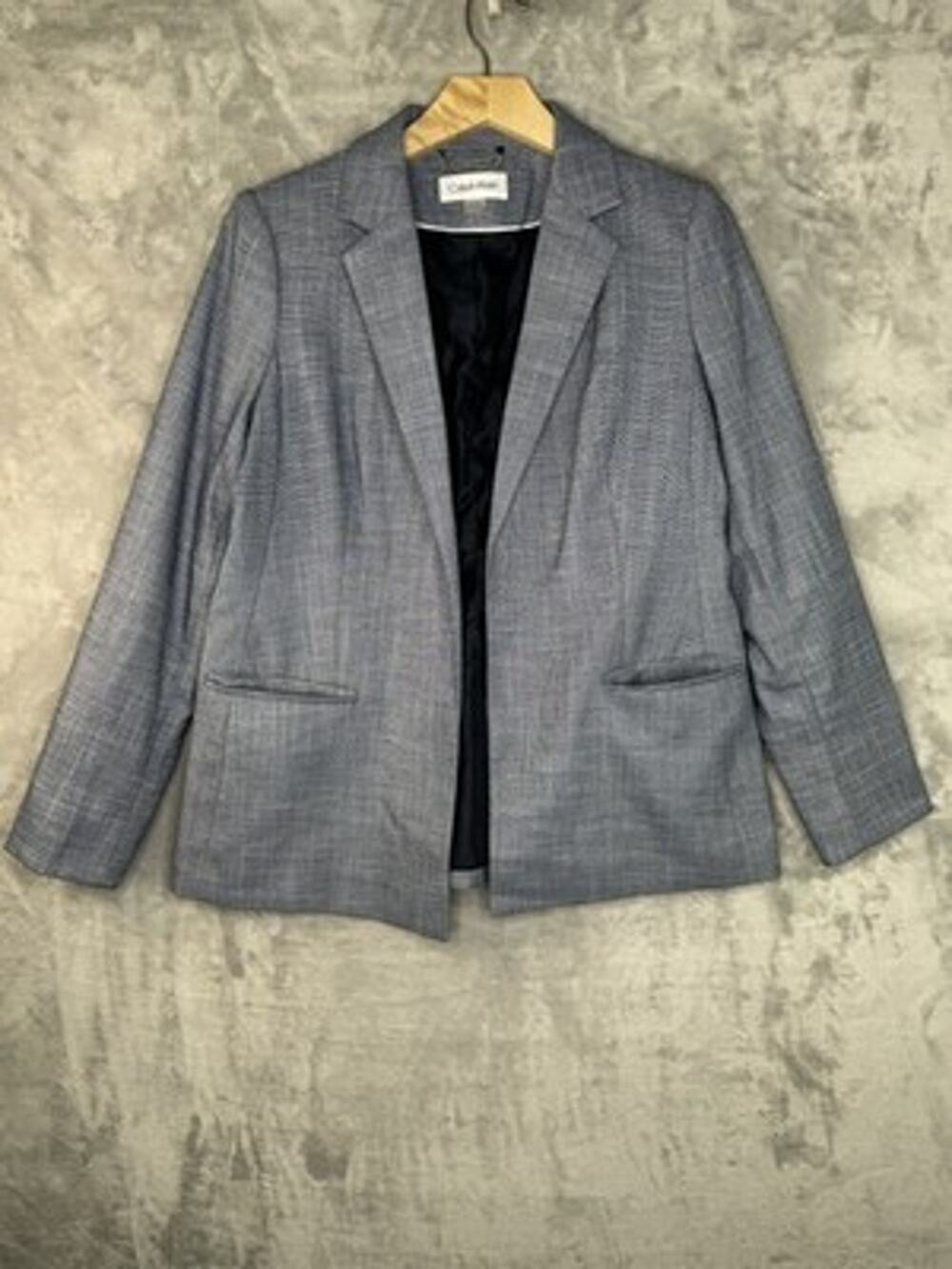 Calvin Klein Blazer Womens 12P Blue White Plaid Open Front Lined Stretch Work